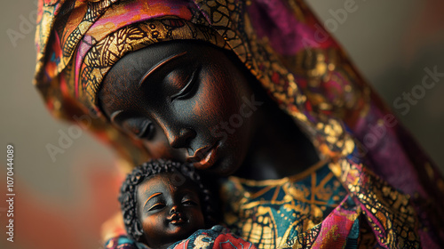 Vibrant mosaic sculpture of a black mother of God cradling her child, adorned with colorful patterns and intricate detailing, symbolizing love and unity.

