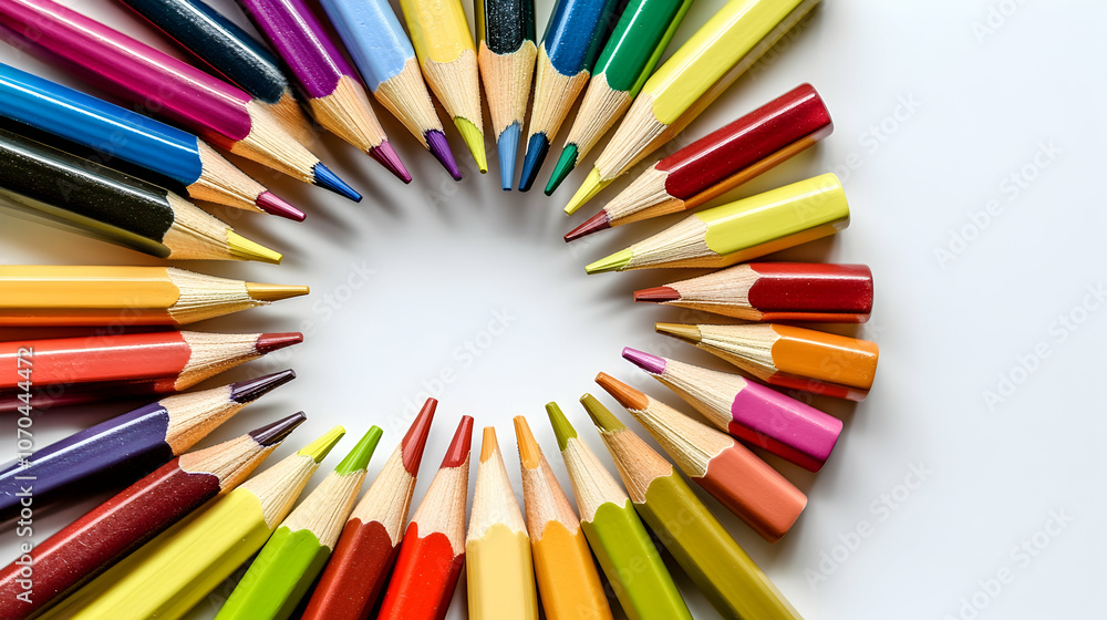 Colorful pencils arranged in a circle on a white background, leaving space for text. Colorful pencils arranged in a circle on a white background, leaving space for text.