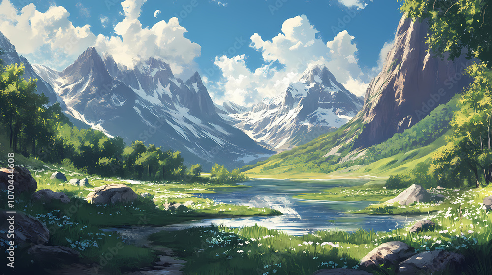 Picture of majestic dolomiten alps mountain range in italy surrounded by lush greenery and snow-capped peaks. Majestic. Illustration Picture of majestic dolomiten alps mountain range in italy surrounded by lush greenery and snow-capped peaks. Majestic. Illustration