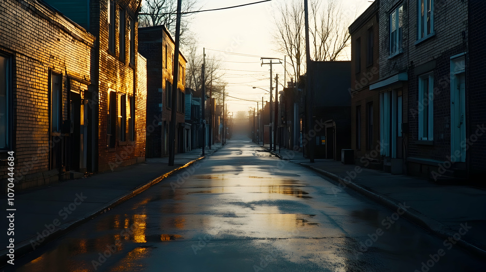 Obraz premium Empty street in a small town at dawn, with the sun shining through the mist.