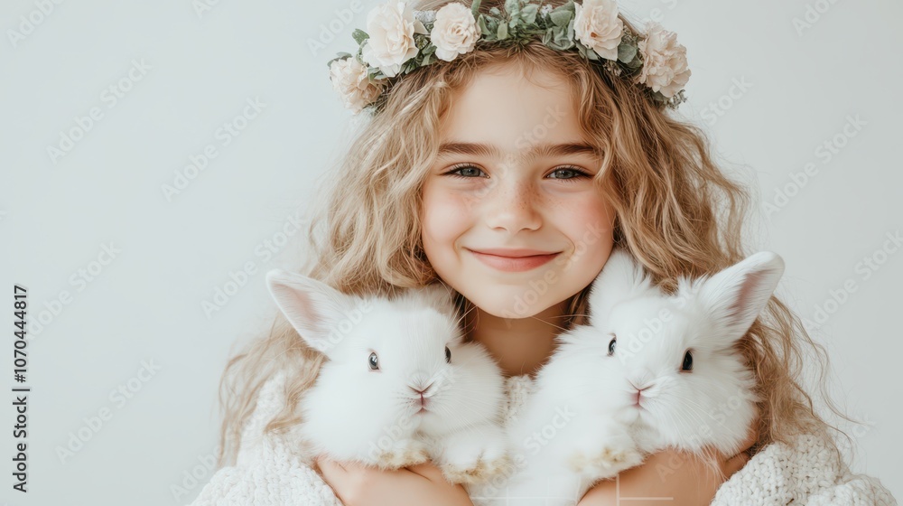 Little girl with floral crown resting with two white bunnies, symbolizing innocence, love, and springtime bonding. Little girl with floral crown resting with two white bunnies, symbolizing innocence, love, and springtime bonding.