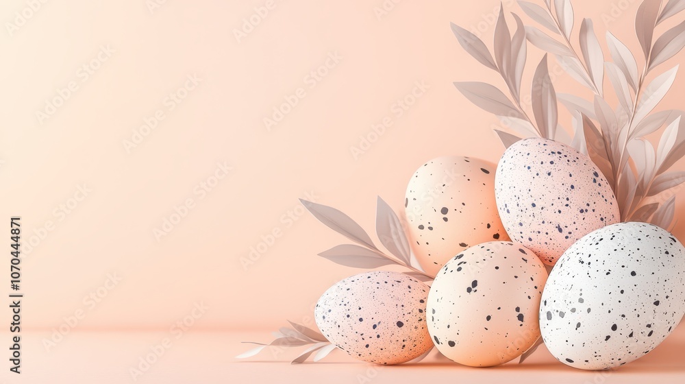 Speckled eggs and beige leaves on a soft peach background, creating a minimalist, nature-inspired Easter display. Speckled eggs and beige leaves on a soft peach background, creating a minimalist, nature-inspired Easter display.