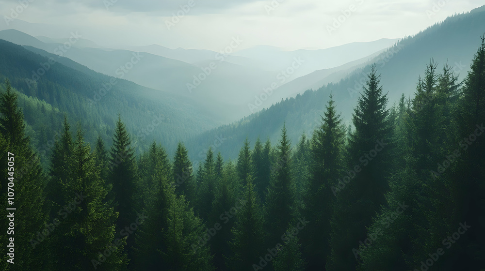 Misty mountain range with a dense forest of evergreen trees in the foreground. Misty mountain range with a dense forest of evergreen trees in the foreground.