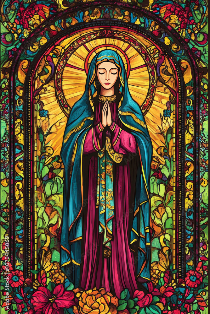 Fototapeta premium Colorful stained glass artwork depicting the Virgin Mary in prayer, surrounded by intricate floral patterns and radiant golden light, symbolizing peace and devotion. 