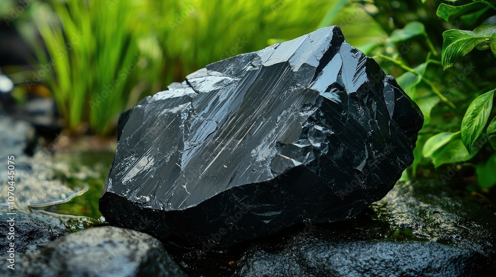 Black obsidian rock on a bed of rocks and greenery.