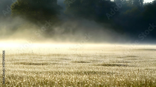 Misty morning sunrise over a field of tall grass.