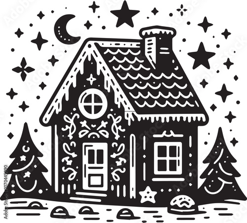 Charming Black and White Gingerbread House for the Holidays. This charming black and white illustration features a classic gingerbread house decorated with snowflakes and icing.