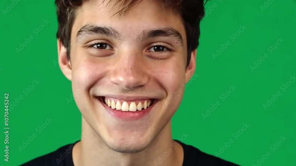 Young hispanic man with brown hair smiles against a green screen background. Wearing a black t shirt, he radiates a cheerful and friendly vibe, showcasing an inviting expression