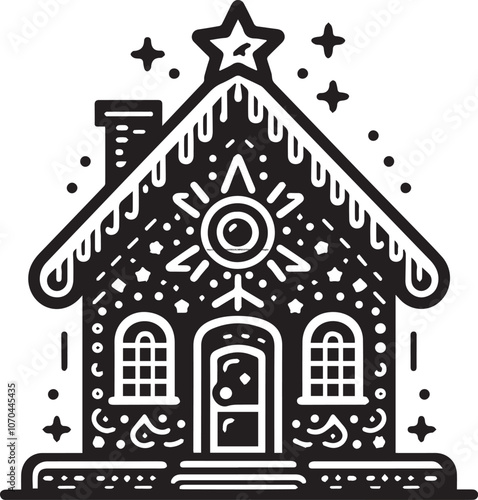 Charming Black and White Gingerbread House for the Holidays. This charming black and white illustration features a classic gingerbread house decorated with snowflakes and icing.