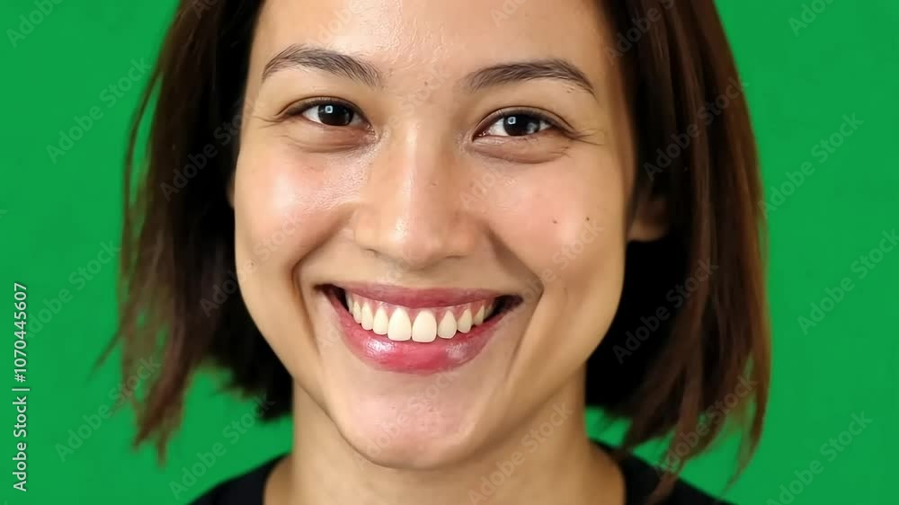 Young filipina woman with brown hair and brown eyes is smiling on a green screen background. She is wearing a black shirt Young filipina woman with brown hair and brown eyes is smiling on a green screen background. She is wearing a black shirt