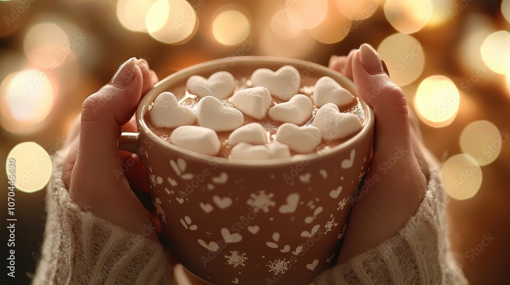 Close-up of coffee with marshmallows in hands. Selective focus