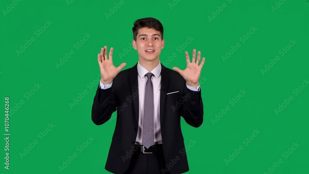 Young businessman in a suit gestures with hands, displaying ten fingers against a green screen background. The scene conveys confidence and professionalism in a corporate setting Young businessman in a suit gestures with hands, displaying ten fingers against a green screen background. The scene conveys confidence and professionalism in a corporate setting
