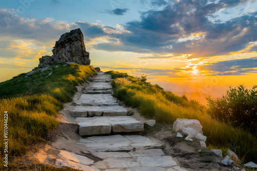 Stone pathway at sunset, golden light, peaceful hill, and colorful sky above photo