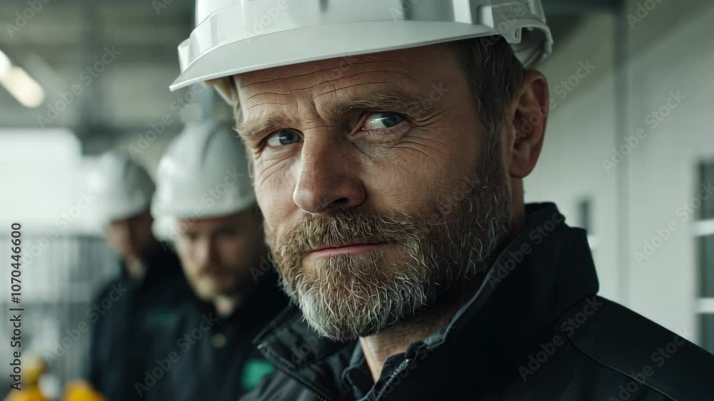 Close-up of Construction Worker in Hard Hat, safety helmet, industry, industrial, engineer, builder Close-up of Construction Worker in Hard Hat, safety helmet, industry, industrial, engineer, builder