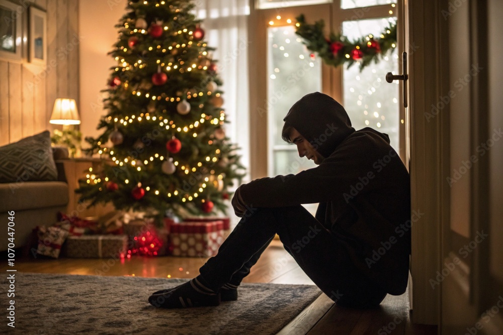 Φωτογραφία A man sits alone in a dimly lit room beside a decorated Christmas tree, conveying feelings of loneliness and sadness during the holiday season