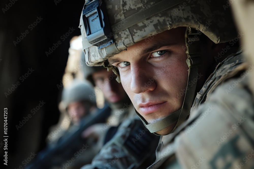 Close-up of a soldier in a helmet, staring intently, with fellow troops in the background, embodying dedication and preparedness for their mission. Close-up of a soldier in a helmet, staring intently, with fellow troops in the background, embodying dedication and preparedness for their mission.