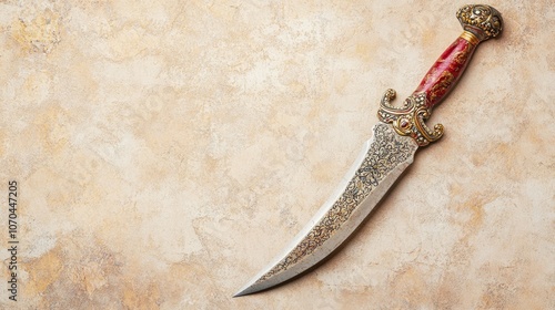 Emirati dagger (khanjar) with ornate handle on light background. Copy space photo