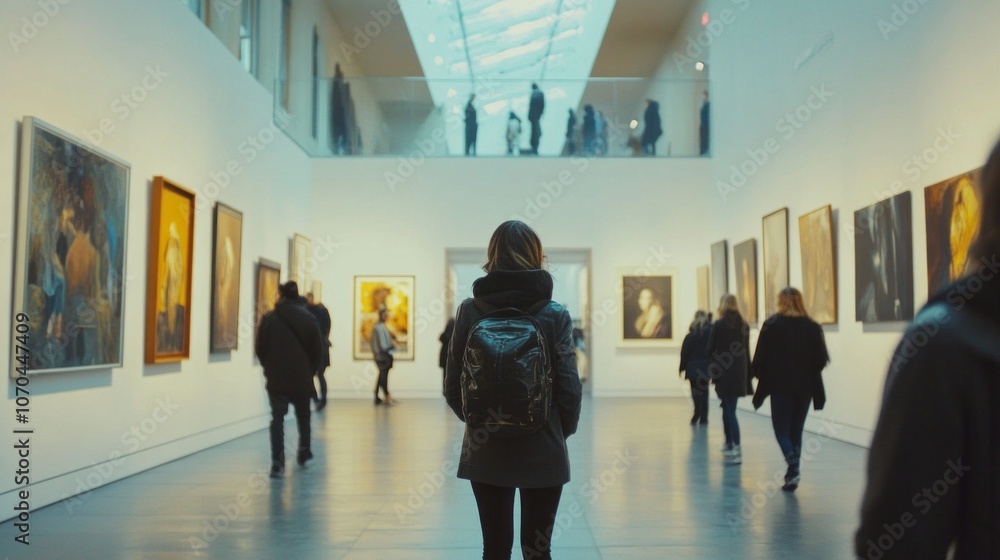 Fototapeta premium A woman wearing a backpack walks through a museum with many people around her