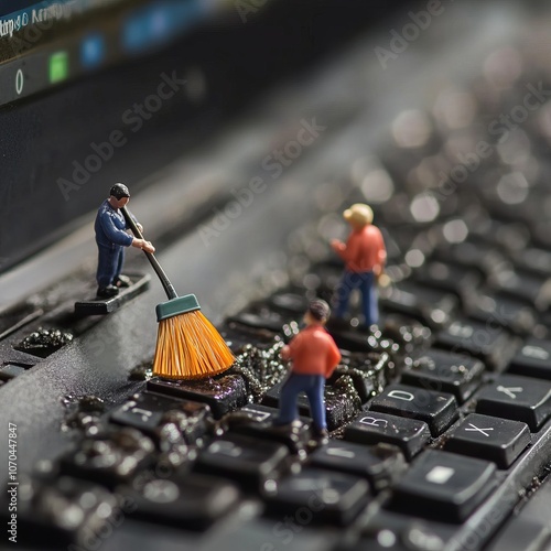 Little People Using Brooms to Clean Dust from Keyboards.Miniature Figures Cleaning Computer Keyboards with Tiny Brooms