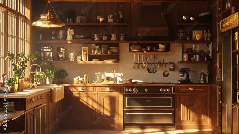Chic kitchen setup with warm wood tones, gold accents, and a mix of closed and open shelving; sunlight gently lights up the space. Chic kitchen setup with warm wood tones, gold accents, and a mix of closed and open shelving; sunlight gently lights up the space.