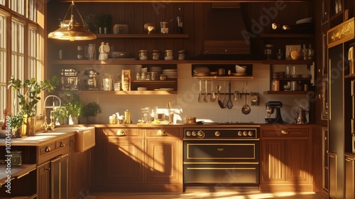 Wallpaper Mural Chic kitchen setup with warm wood tones, gold accents, and a mix of closed and open shelving; sunlight gently lights up the space. Torontodigital.ca