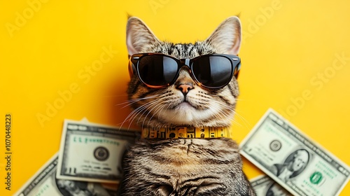 Cool cat relaxing with money on bright background