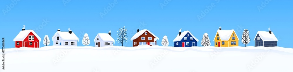 An illustration of a suburban street in winter, with cottages along rural alleyways, chimney smoke rising, trees and bushes covered in snow, and snowfall in the neighborhood where modern houses are An illustration of a suburban street in winter, with cottages along rural alleyways, chimney smoke rising, trees and bushes covered in snow, and snowfall in the neighborhood where modern houses are