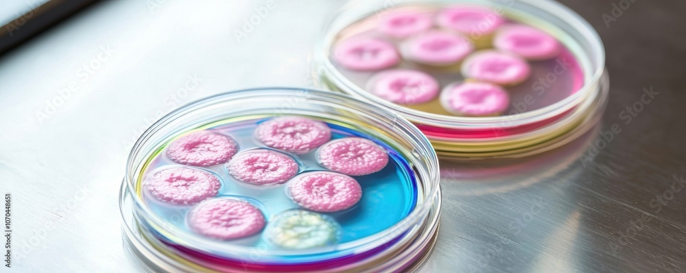 Naklejka premium Petri dishes with vibrant pink agar cultures, microbial growth in a lab