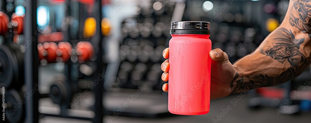 Naklejka premium A vibrant, pink sports drink held in a muscular hand, with gym equipment visible in the background, highlighting fitness and hydration.