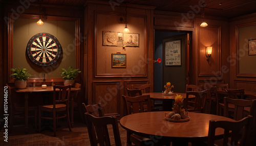Cozy pub interior with a dart board on the wall