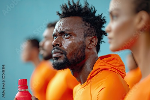 A sweaty athlete in an orange outfit gazes intensely, surrounded by mannequins, suggesting focus and determination in a training environment.