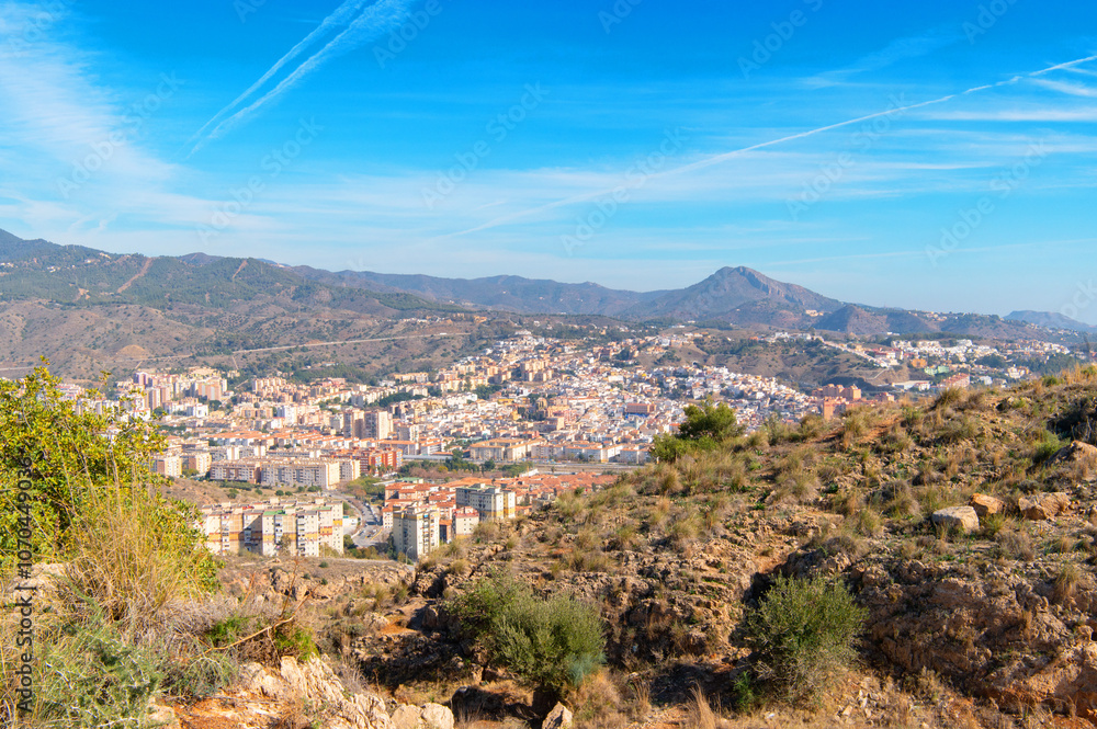 Fototapeta premium Hiking to Monte Coronado at sunny day, Malaga, Costa del sol, Andalusia, Spain. View of Malaga from the mountain.