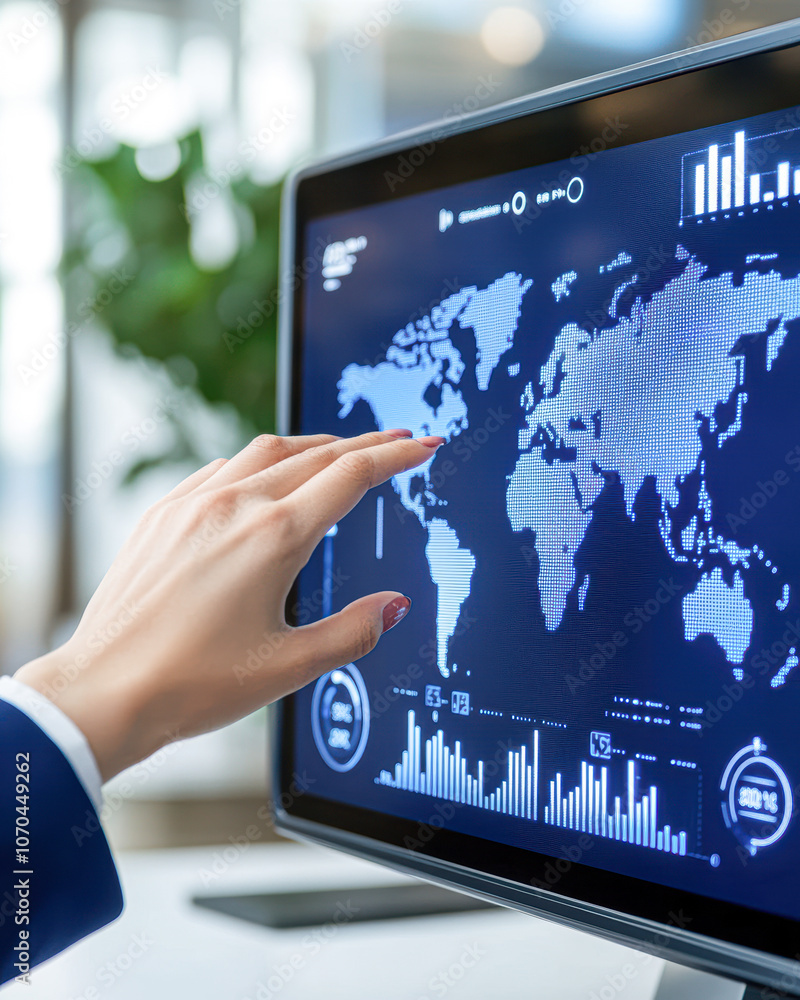 A person is pointing at a computer monitor displaying a map of the world A person is pointing at a computer monitor displaying a map of the world