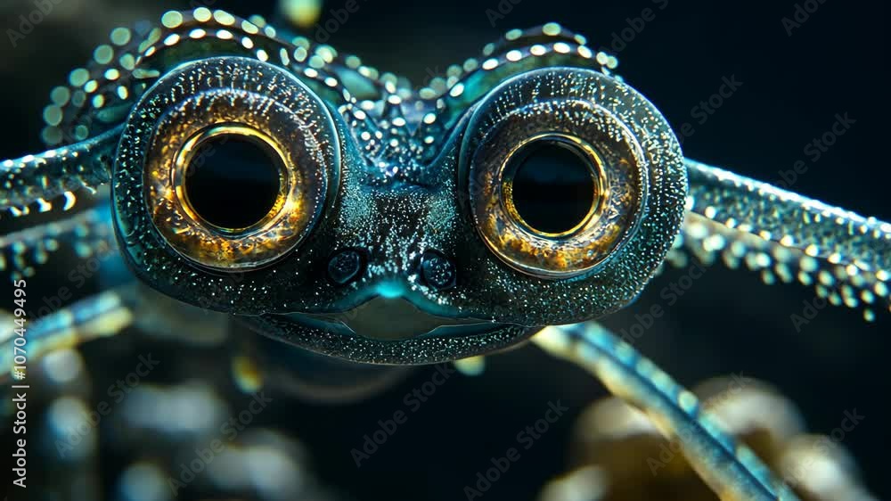 A close-up of a small, blue creature with large, golden eyes. It looks like it's smiling as it stares directly at the camera A close-up of a small, blue creature with large, golden eyes. It looks like it's smiling as it stares directly at the camera