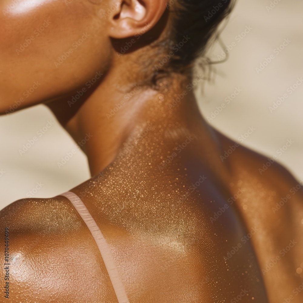 A woman is basking in the sun on the beach, showcasing her radiant, bronzed skin. Her shoulder glistens with a natural sheen, embodying summer vibes and relaxation