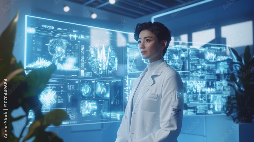 A futuristic HR professional in a healthcare environment, dressed in smart-casual attire, surrounded by holographic interfaces displaying employee well-being data, performance analytics A futuristic HR professional in a healthcare environment, dressed in smart-casual attire, surrounded by holographic interfaces displaying employee well-being data, performance analytics