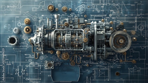 A blue engine is shown in a drawing with a grey background. The engine is the main focus of the image, and it is a very detailed and intricate design. Scene is one of precision and craftsmanship