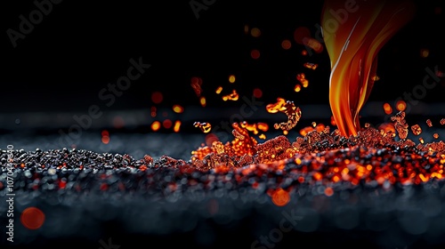 Close-up of molten iron pouring from a furnace, intense glow, industrial background, dramatic lighting photo