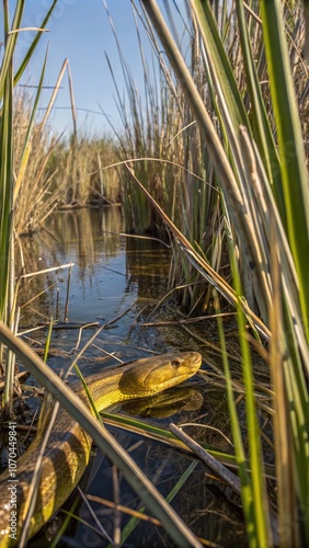 A yellow anaconda camouflaged among reeds in a wetland on a sunny day. Generative AI