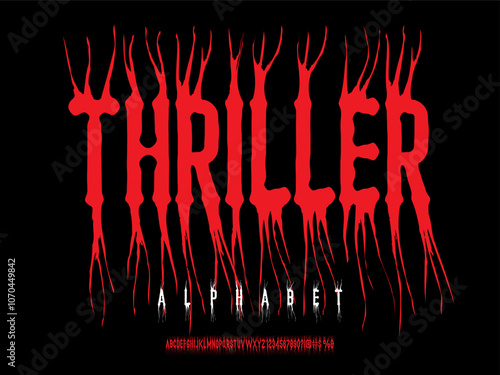 Vector of stylized horror alphabet design with uppercase, numbers and symbols