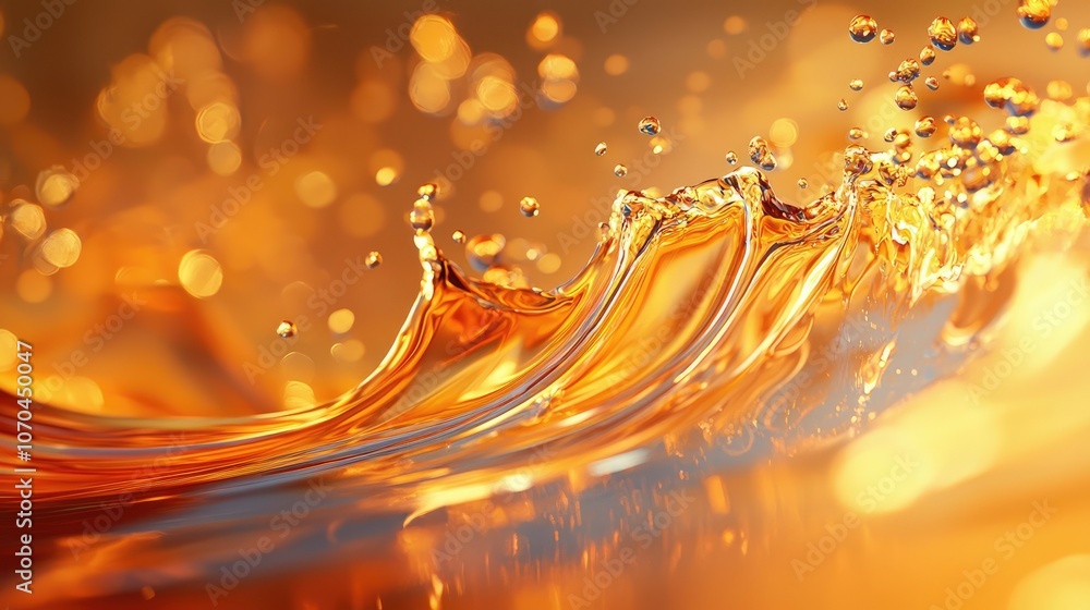 Close up of a wave of golden liquid with bokeh lights in the background. Close up of a wave of golden liquid with bokeh lights in the background.