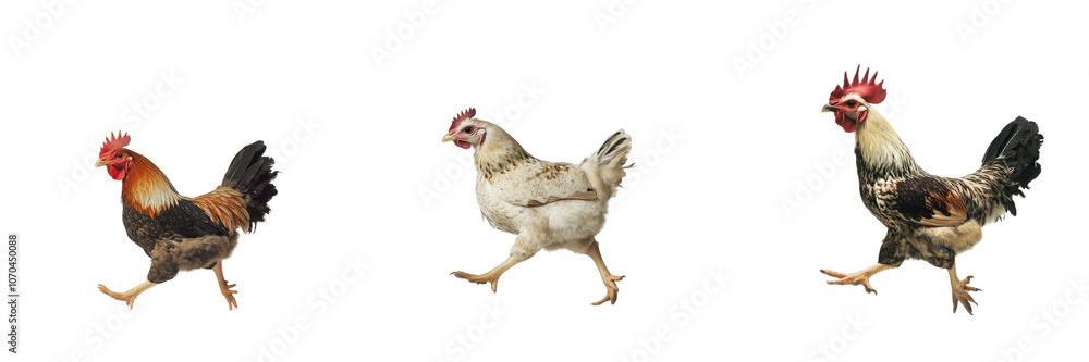 Set of a dynamic shot of a chicken mid-step, as if walking isolated on transparent background Set of a dynamic shot of a chicken mid-step, as if walking isolated on transparent background