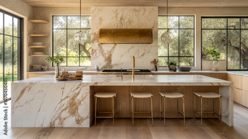 Light-filled kitchen with soft wood finishes, marble accents, and gold fixtures; warm, minimalist design with stylish bar stools Light-filled kitchen with soft wood finishes, marble accents, and gold fixtures; warm, minimalist design with stylish bar stools