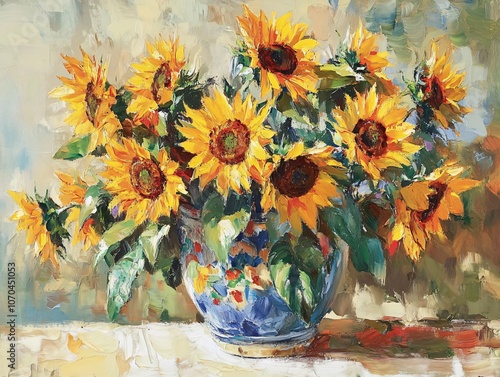 Vibrant Sunflowers in Blue Pottery Vase