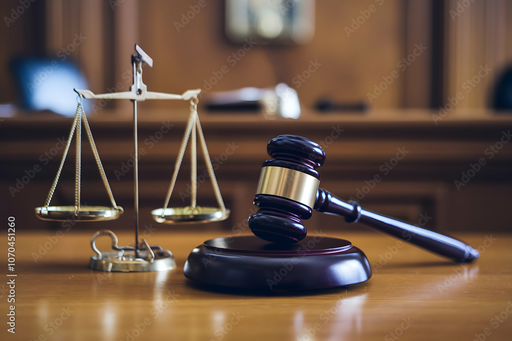 Gavel and balance scale highlighted in a blurred courtroom background Gavel and balance scale highlighted in a blurred courtroom background