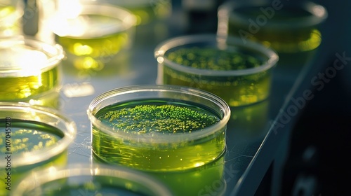 Close up of petri dishes with green algae in a lab setting. photo