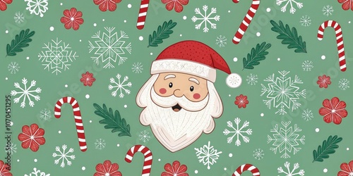 Festive orange Christmas pattern featuring Santa Claus and holiday symbols. Generative AI