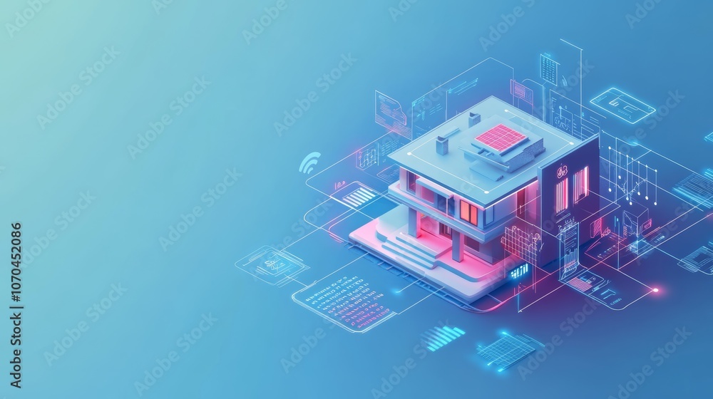 A 3D isometric illustration of a smart home with futuristic technology and digital interface elements. A 3D isometric illustration of a smart home with futuristic technology and digital interface elements.