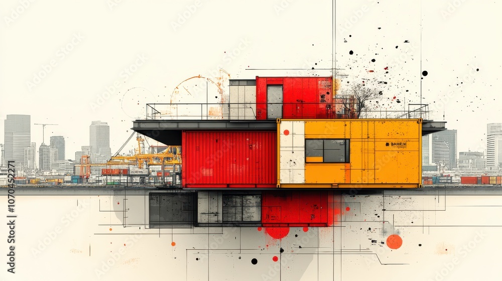 Fototapeta premium Stylized Shipping Container with Crane in Bright Colors