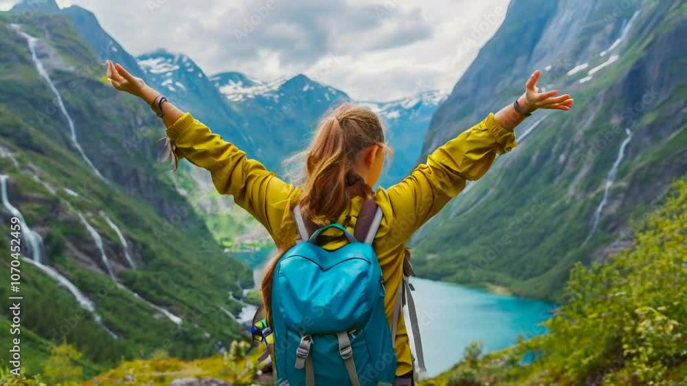 Woman traveler hiking in mountains girl with backpack adventure travel healthy lifestyle happy raised hands active summer vacations explore Norway